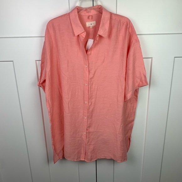 NWT Lou & Grey MEDIUM Button Front Tunic Blouse Short Sleeve Pink Oversized - Picture 1 of 6